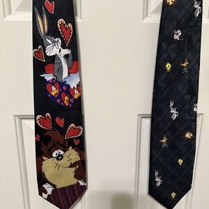 Men's Necktie Lot Of 2 Vintage Looney Tunes 1995 & 1996 Looney Tune Mania